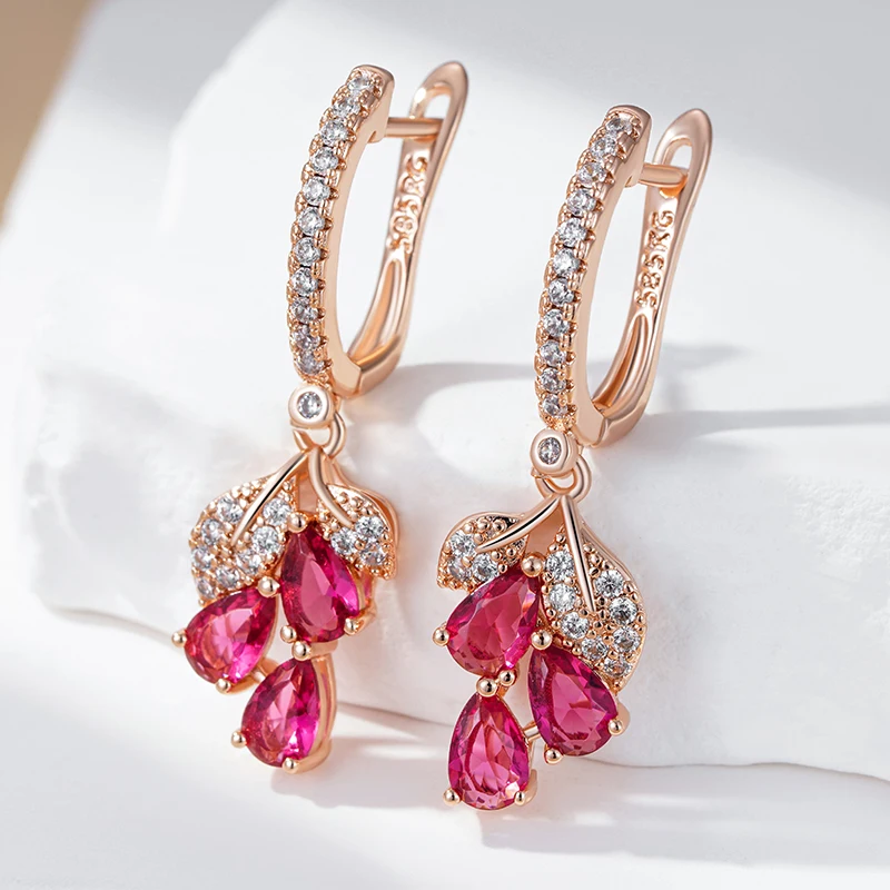 Kienl Hot 585 Rose Gold Color Flower Drop Earring for Women Fashion Red Natural Zircon Accessories High Quality Daily Jewelry