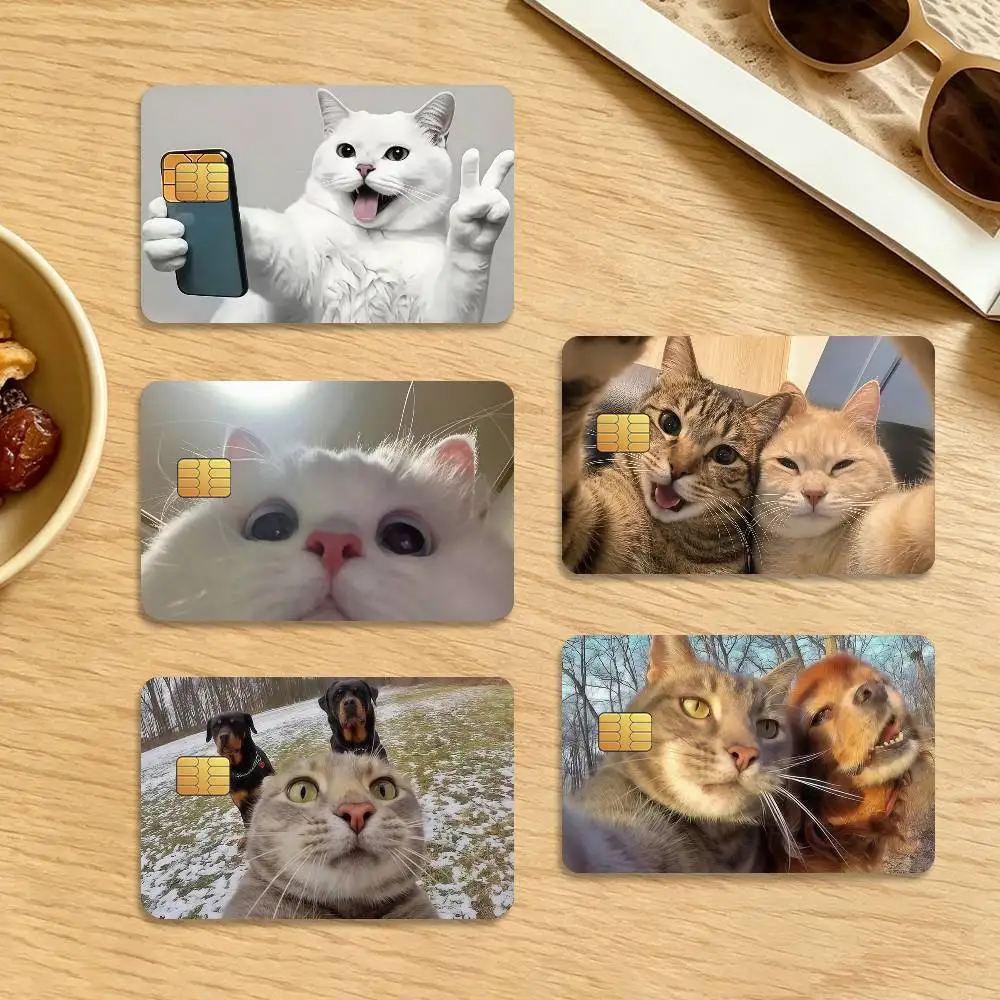 Cute White Cat Selfie Waterproof Anti-Scratch Card Skin Stickers 4Pcs Stylish Decor Covers for Credit & Debit Cards