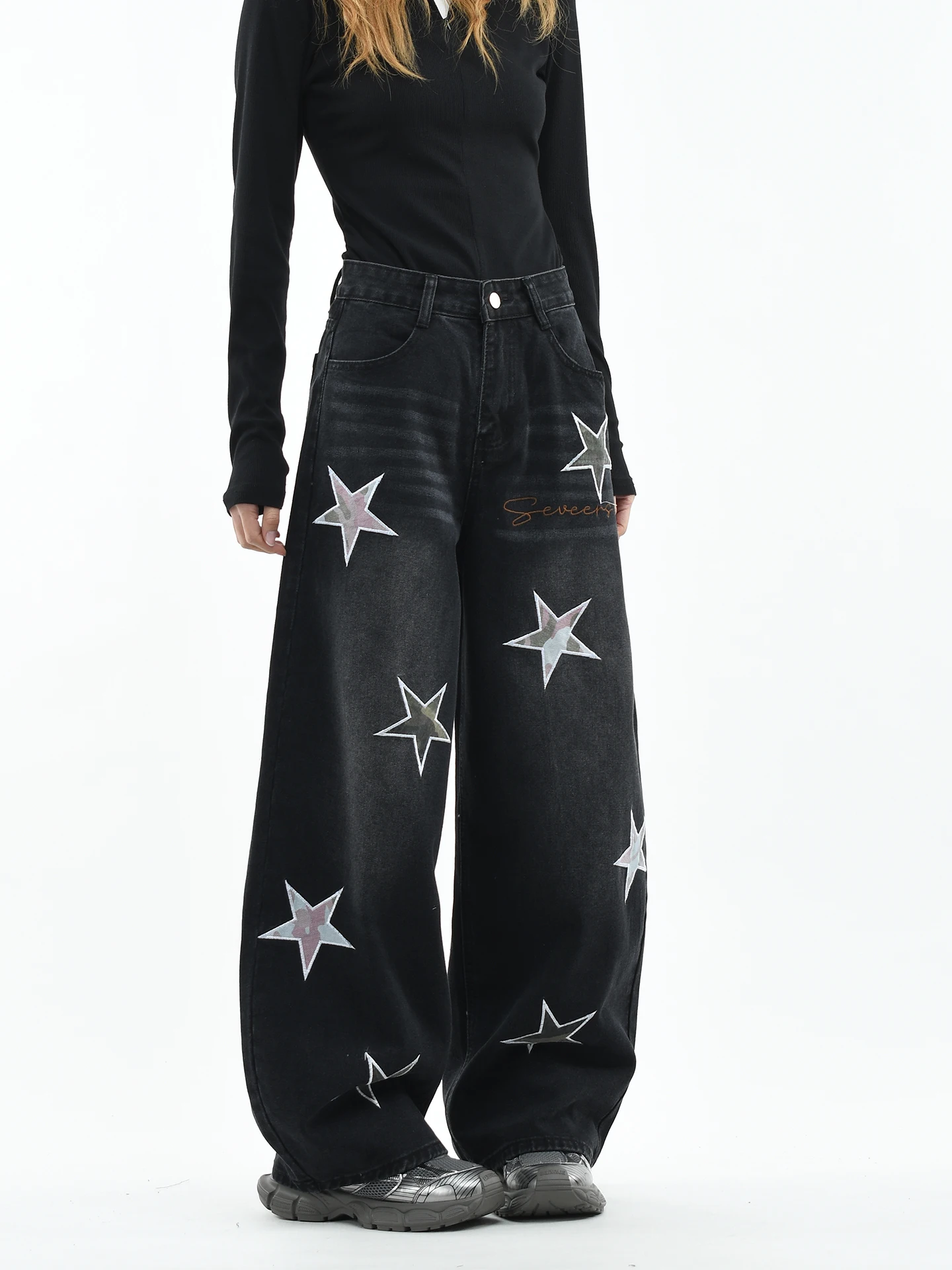 

OV Original American Retro Star Embroidery Knife Wide Leg Jeans Loose Fit Casual Deep Blue Cotton Denim Jeans