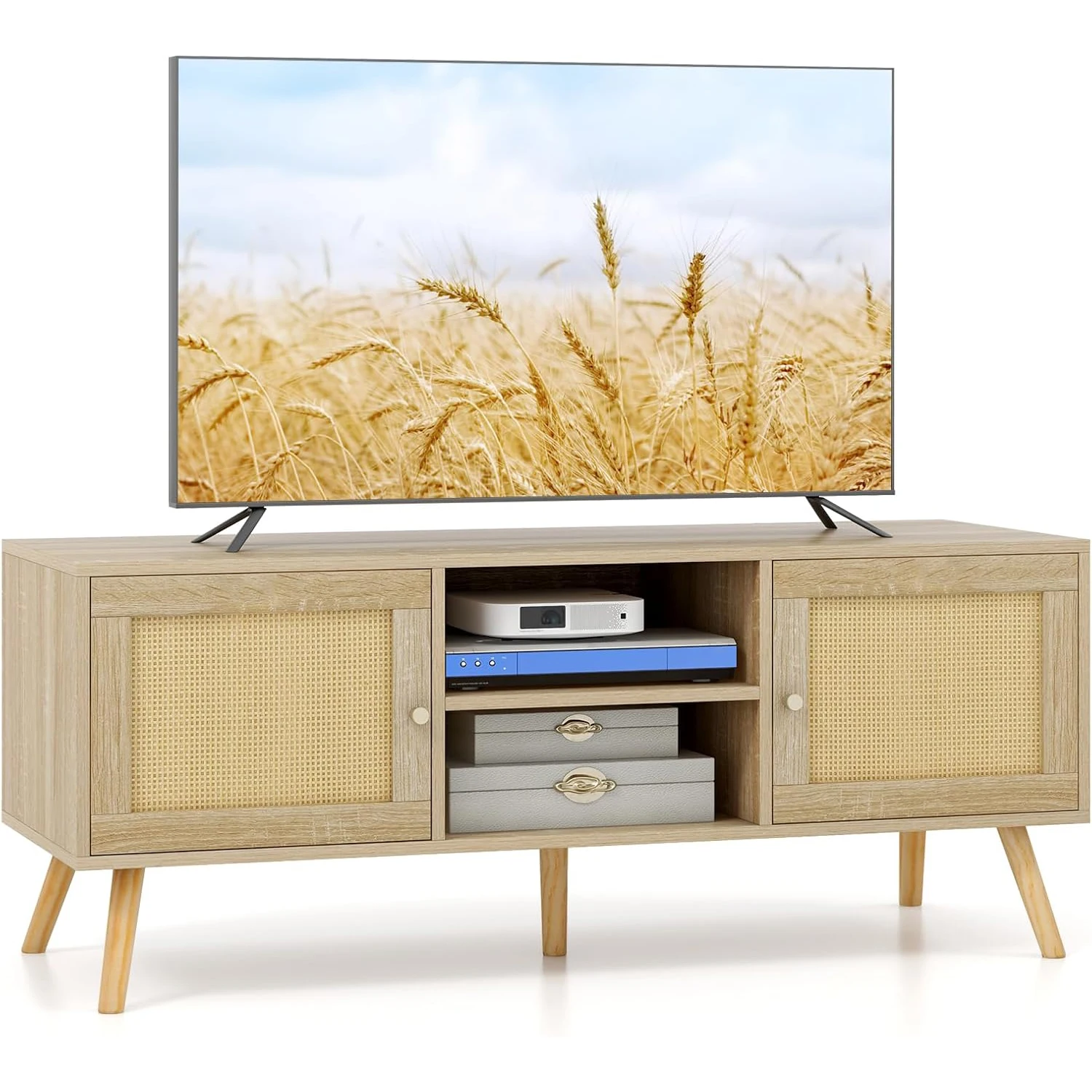 TV wardrobe, Rattan Lowboard with 2 doors & open compartments, TV table for television up to 55 inches, TV wardrobe, TV Shelf