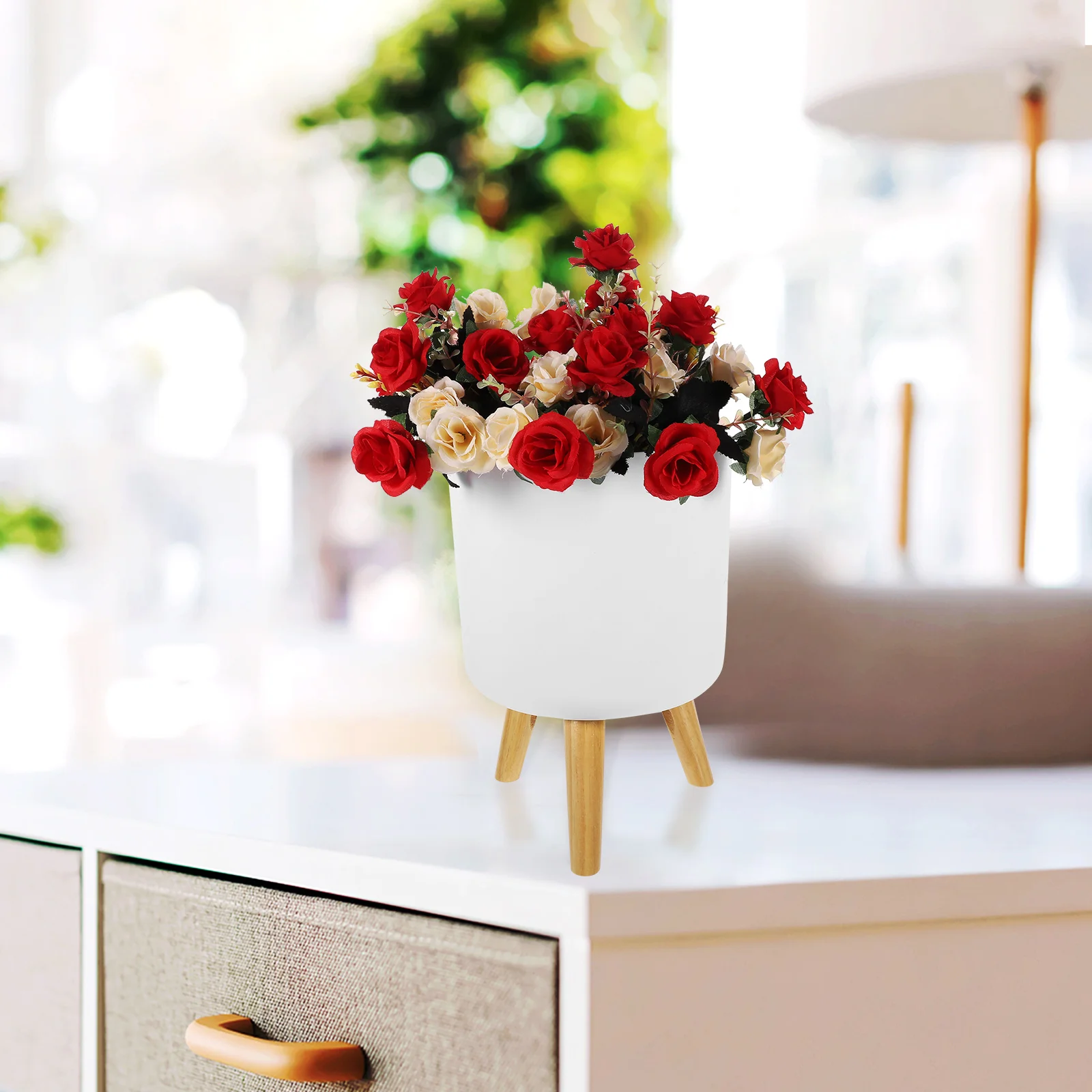

Indoor Outdoor Flowerpot with Solid Wood Legs Modern Floor Planter Decorative Flowerpot Home Plant Container Suitable for Garden