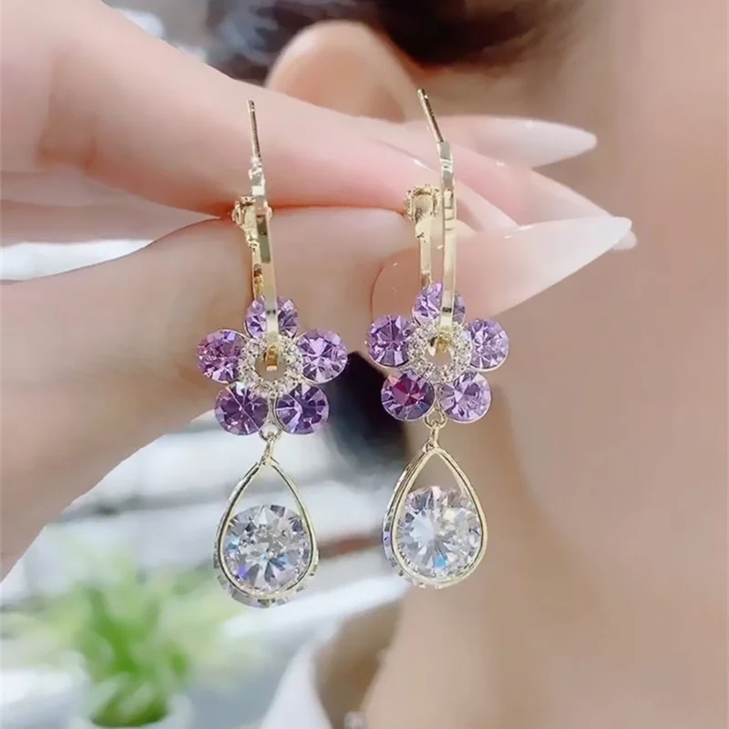 Korean Zircon Flower Hoop Earrings For Women Girls Fashion Long Hanging Earrings Crystal Wedding Party 2024 Trending Jewelry