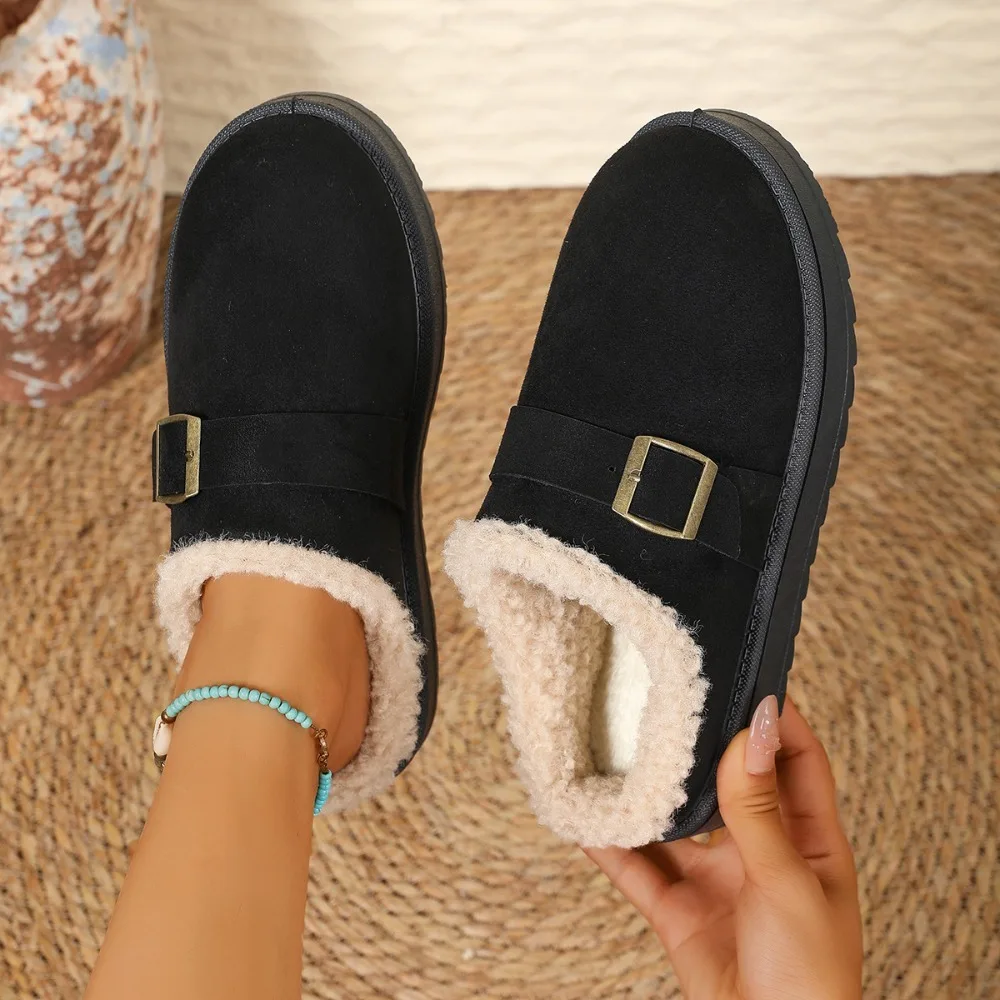 Slippers Women's Winter Thick-soled Belt Buckle Velvet Bag Head Slippers Women's Lamb Wool Outer Cotton Slipper Large Size 36-43