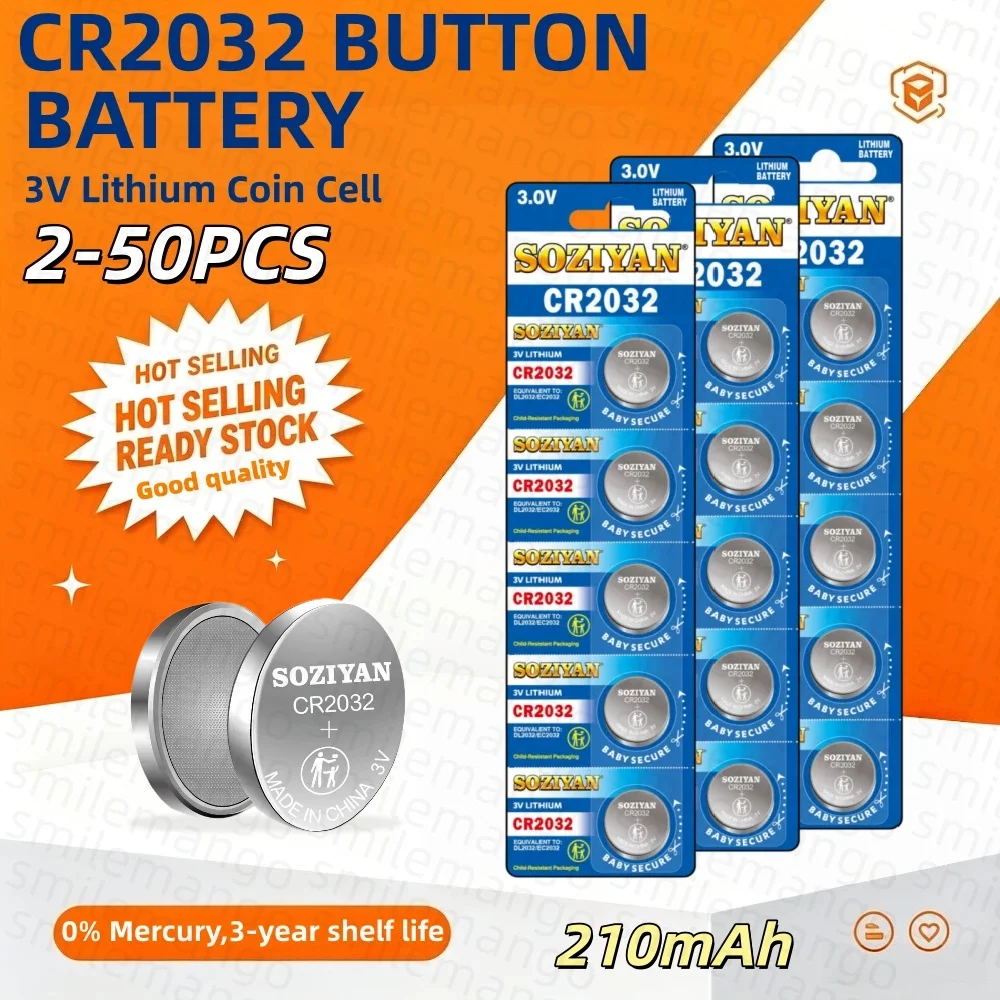 3V 210mAh CR2032 Lithium Battery CR 2032 DL2032 ECR2032 For Watch Toy Calculator Car Key Remote Control Button Cells