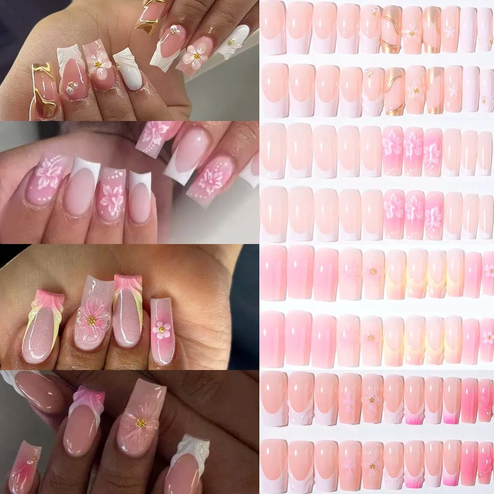 96Pcs(4Mixed) Square shape Nails 3d gel Flower Design French Acrylic Press On Nails