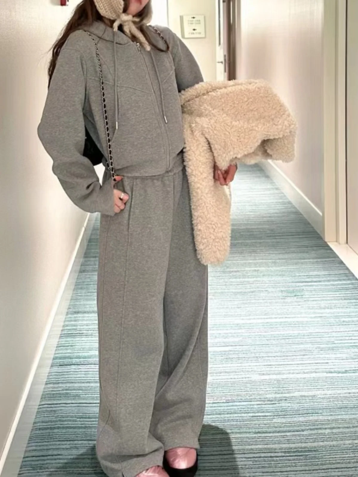 Thiened Fce Felpa cardigan aperta con cappuccio da donna taglia ort Set di pantaloni casual a gamba dritta calda autunno inverno