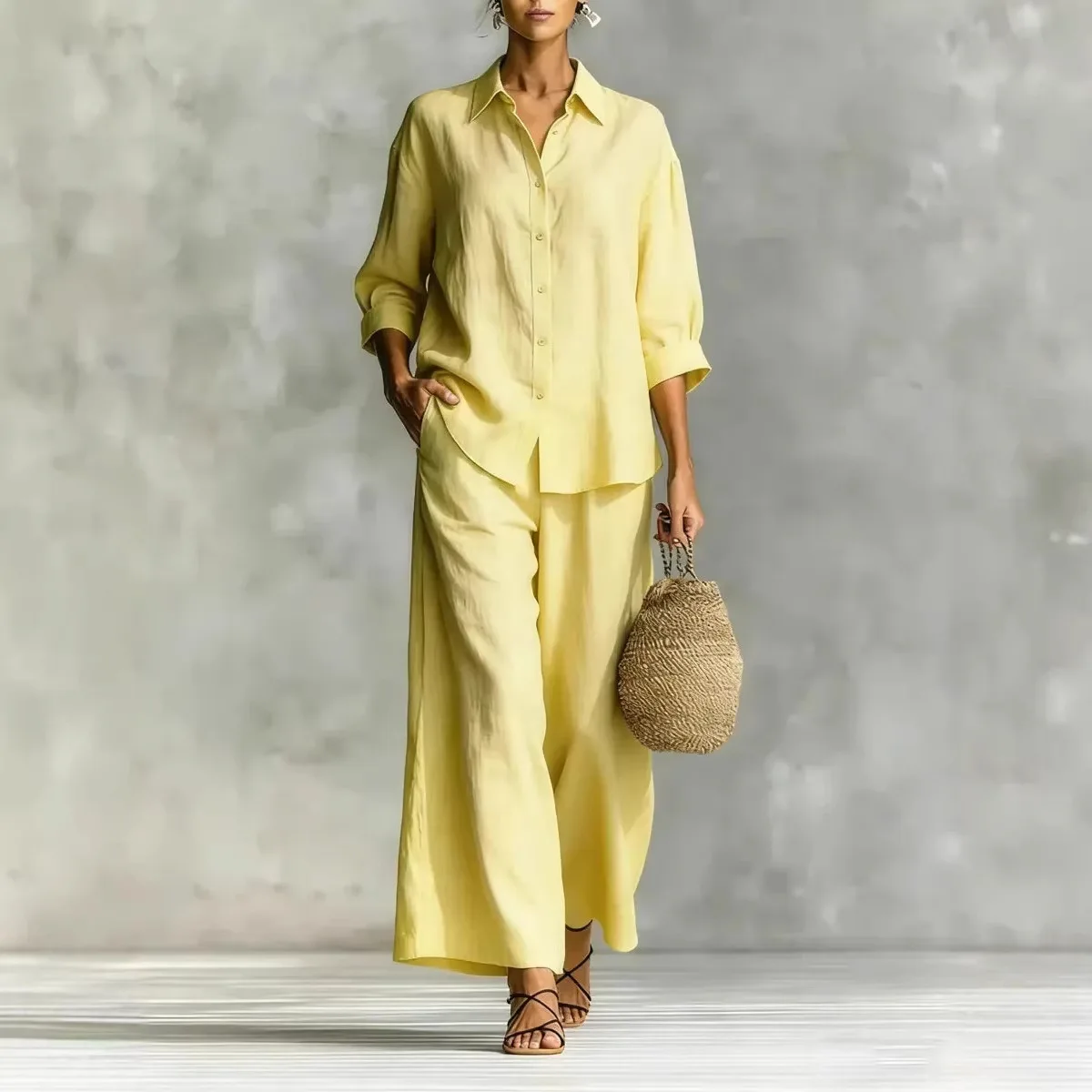 Lapel Short Sleeve Pocket Solid Color Shirt Pants Set Loose Fit Straight Leg Trouser 2026 Spring Casual Women Daily Outfit