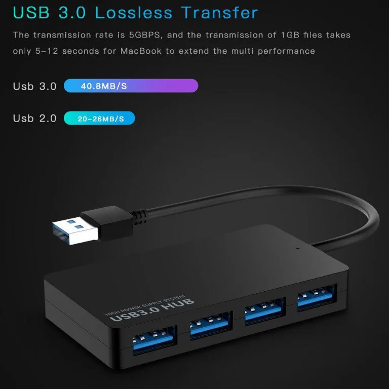 Ultraflacher 4-Port USB 3.0 Hub, Hochgeschwindigkeits-Splitter Eins-zu-Vier für Laptop PC, Stromversorgter USB-Erweiterer – Detail 5