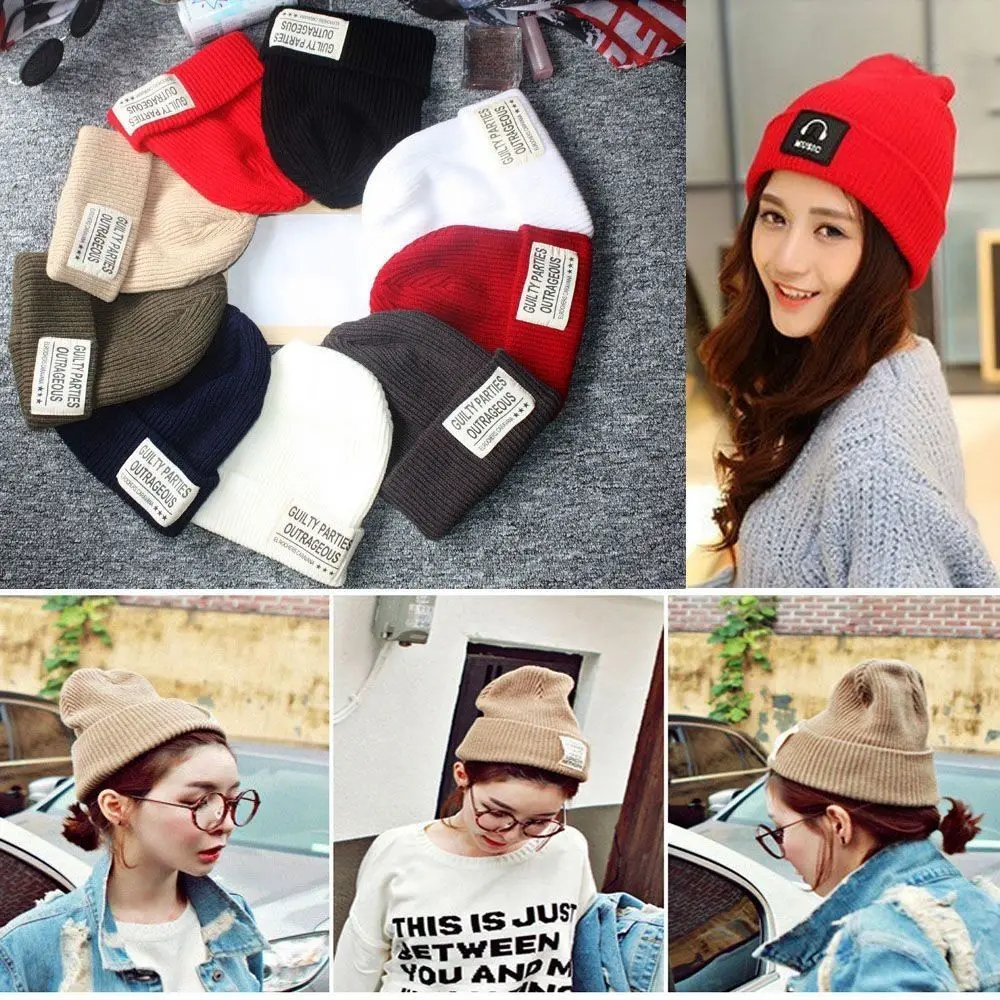 جديد متعدد الألوان محبوك بيني الصلبة لطيف مع التسمية قبعة صغيرة الإناث قبعات للجنسين السيدات قبعة عادية في الهواء الطلق #1