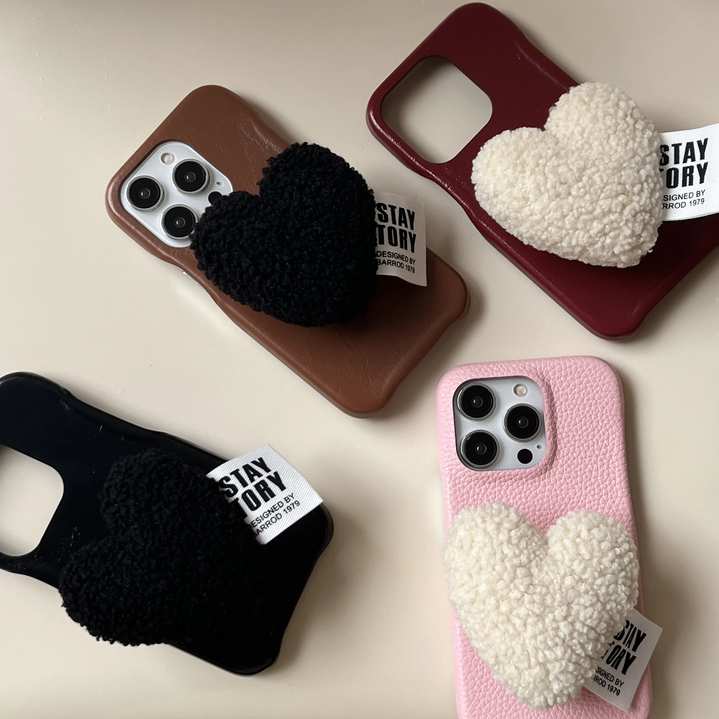 Premium Vintage Coffee Brown Leather Phone Case with Plush 3D Heart Stand For iPhone 15 14 13 12 11 Pro Max For Women Phone Case