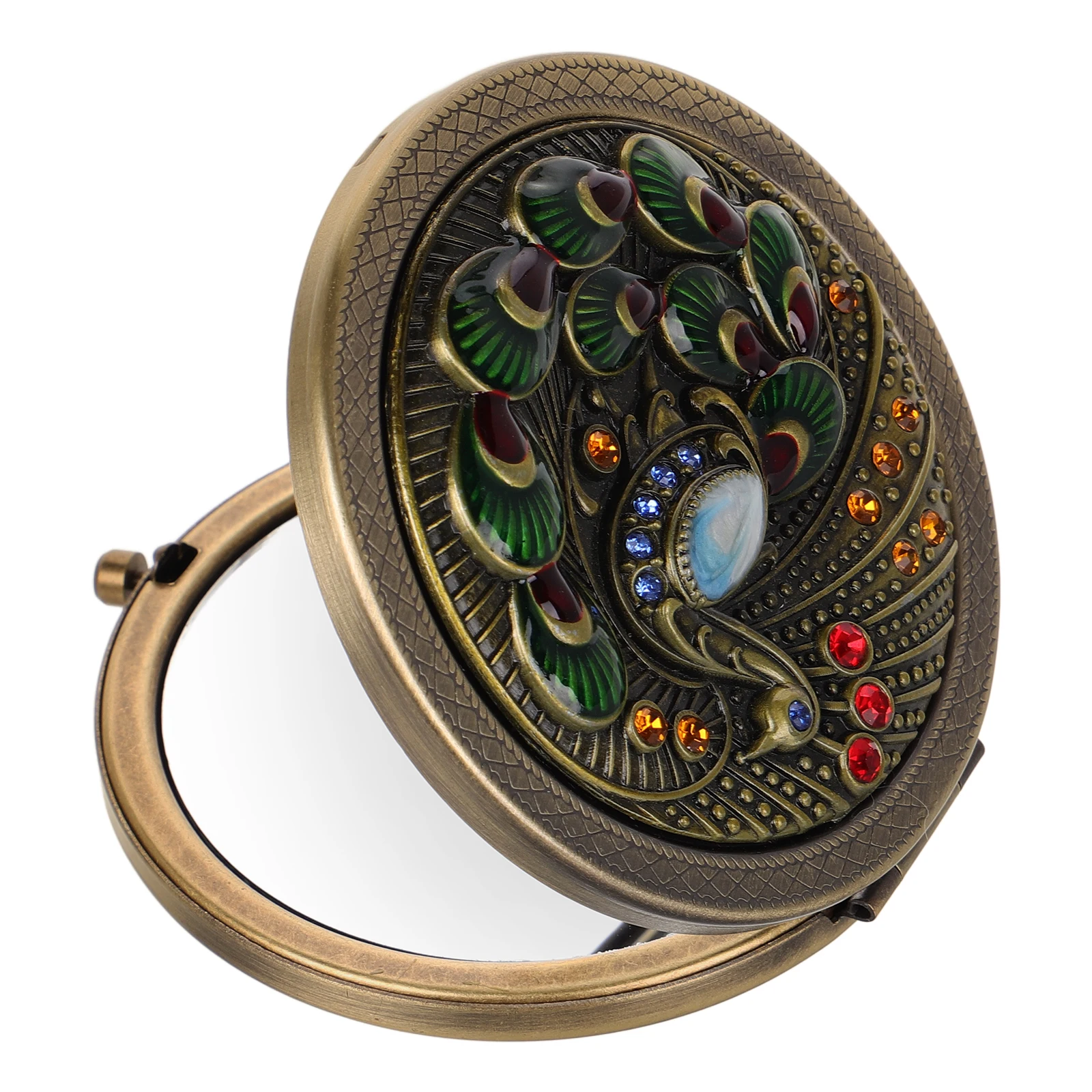 Mini Gold Peacock Vintage Round Mirror Metal Folding Compact for Women Portable Hand Mirror Small Purse Travel Daily