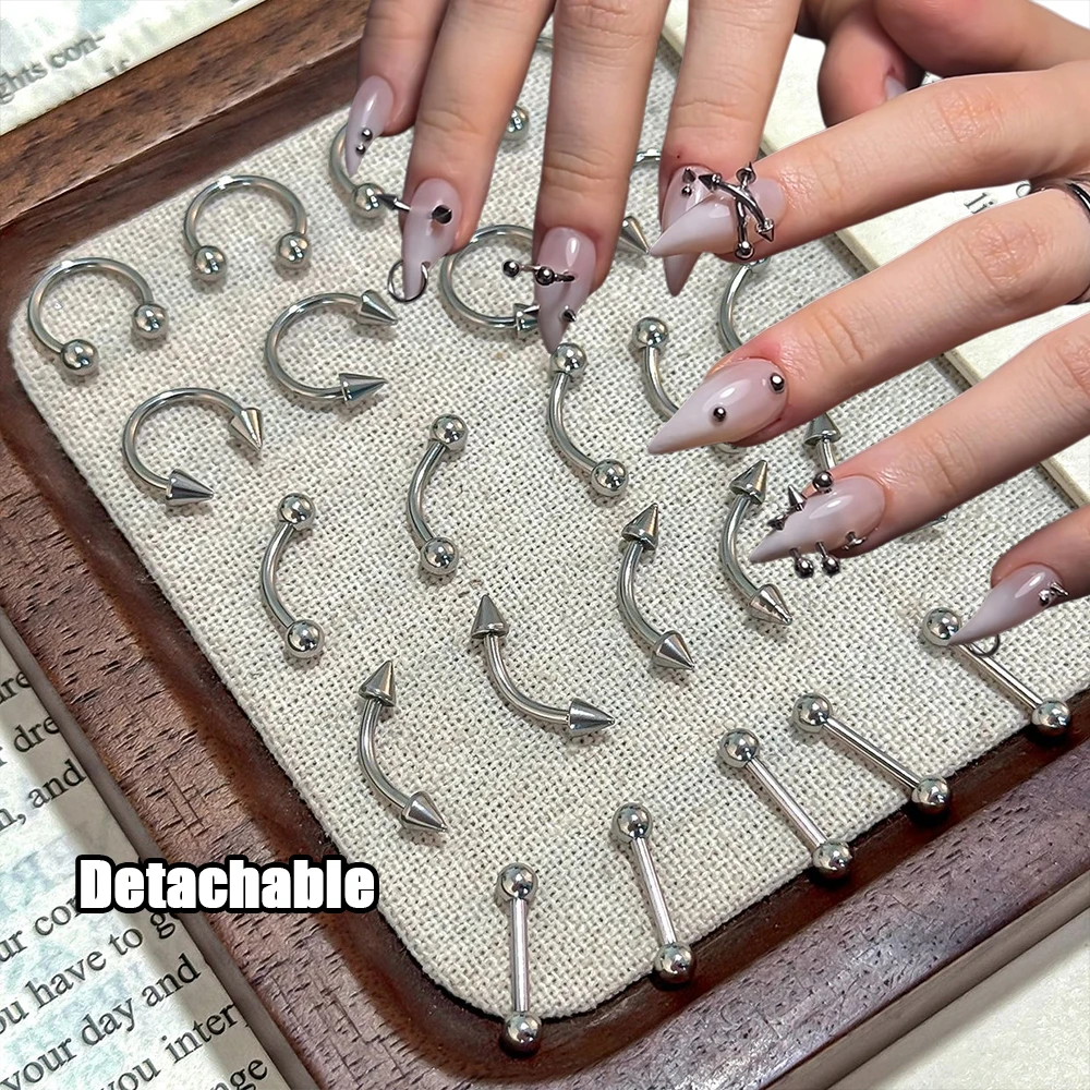 10 pcs/set Detachable 3D Nail Piercing Jewelry, Silvery Tone Spiked/Captive Bead Rings Studs, Punk Nail Charms for Acrylic Nails