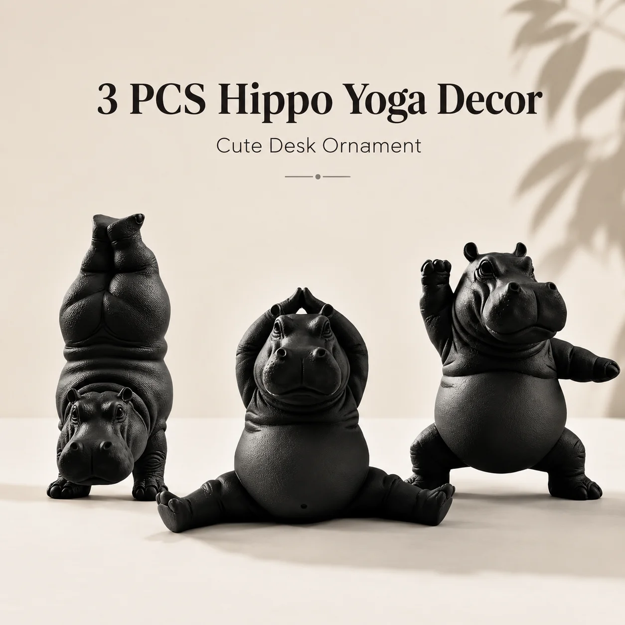 3Pcs Black Hippo Yoga Sculpture Set, Cute Cartoon Durable Animal Desk Decor for Home Office, Yoga Studio & Gifts