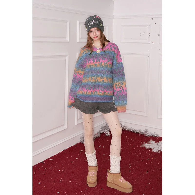 ELFSACK Women's Y2K Oversized Knit Sweater with Leopard Print Gradient Striped Pattern, Loose Long‑Sleeve Pullover, Casual Top