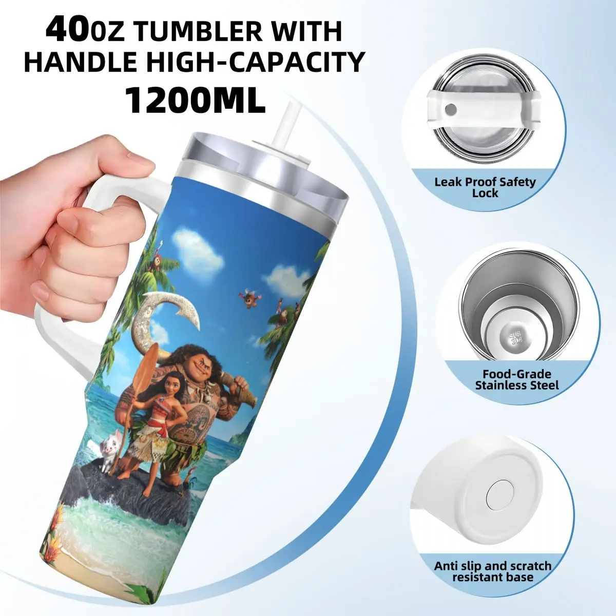 Movie Moana Maui Friendship  Stainless Steel Tumbler Beach Car Mugs 40oz Coffee Mug Portable Cold and Hot Milk Tea Water Bottle