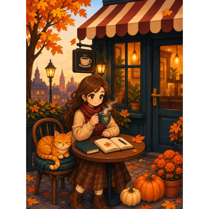 Fall Season Cafe Art Diamond Painting, Cozy Anime Maiden with Cat and Pumpkin Design, Diamond Painting Kit for Room Decor