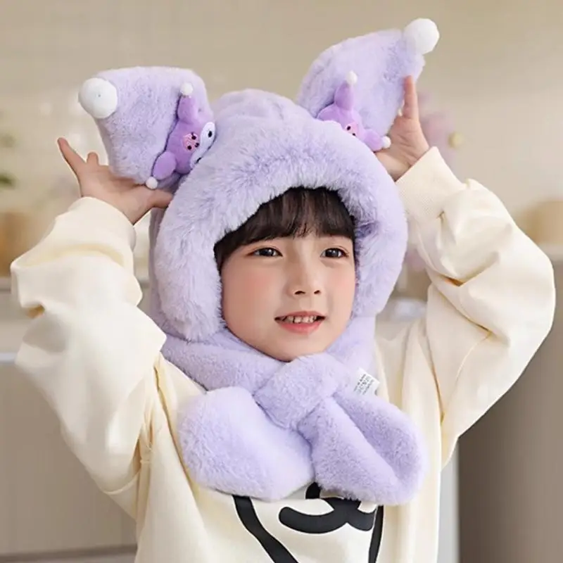 Sanrio chapéu cachecol anime kuromi chapéu e cachecol tudo em uma menina engrossar cachecol presente kawaii bonito criança cachecol de pelúcia chapéu de proteção de orelha