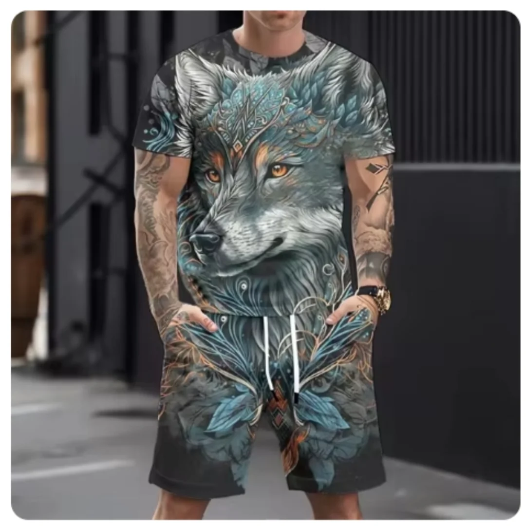 2025 Super Large Loose Men's Top Y2K Style Set, Men's Summer Leisure Breathable Set, Leisure Sports Set, Printed 3D Wolf Pattern