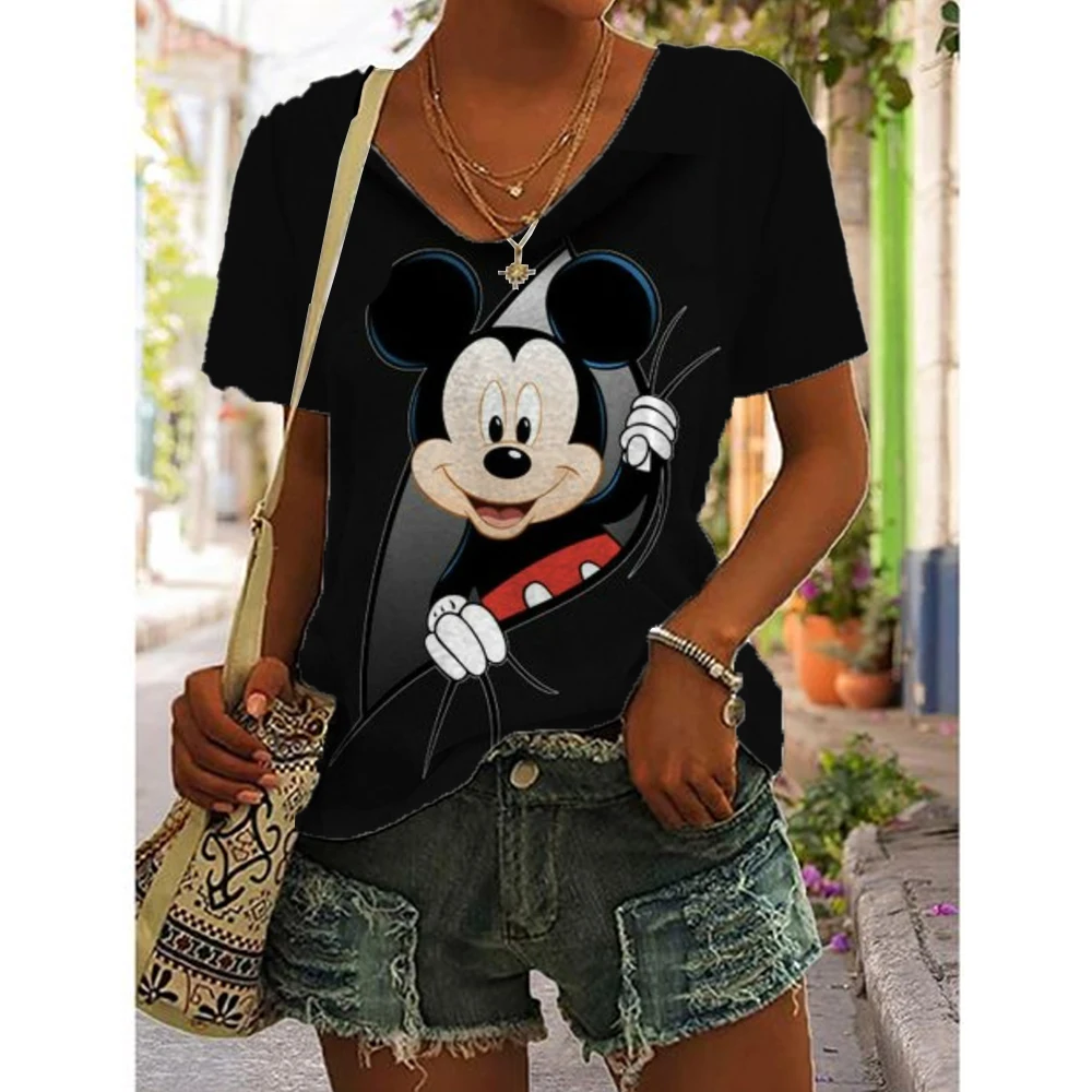 Simple Women\'s T-shirt Disney Mickey Mouse Print Tee Fashion V-neck Summer Loose Streetwear Female Clothes Casual Tshirt Ladies