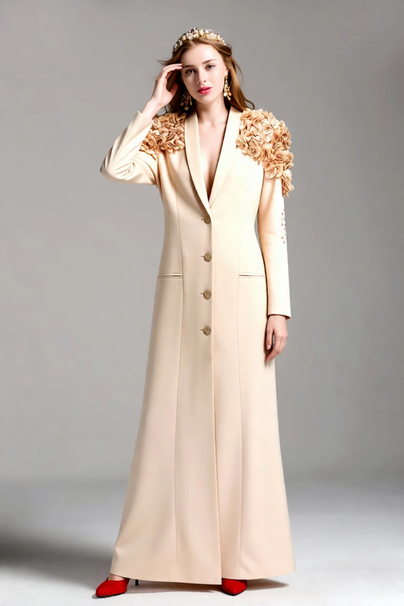 Vestido maxi feminino de manga comprida com apliques florais 3D – vestido elegante com gola xale e botões dourados para festa, casamento, evento noturno