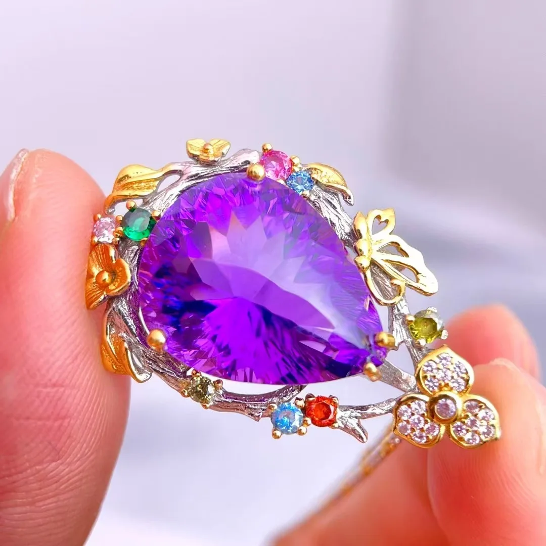 Natural Amethyst Pendant 15x19mm S925 Silver Two-Tone Handmade Butterfly & Flower Design with Gemstone Accents