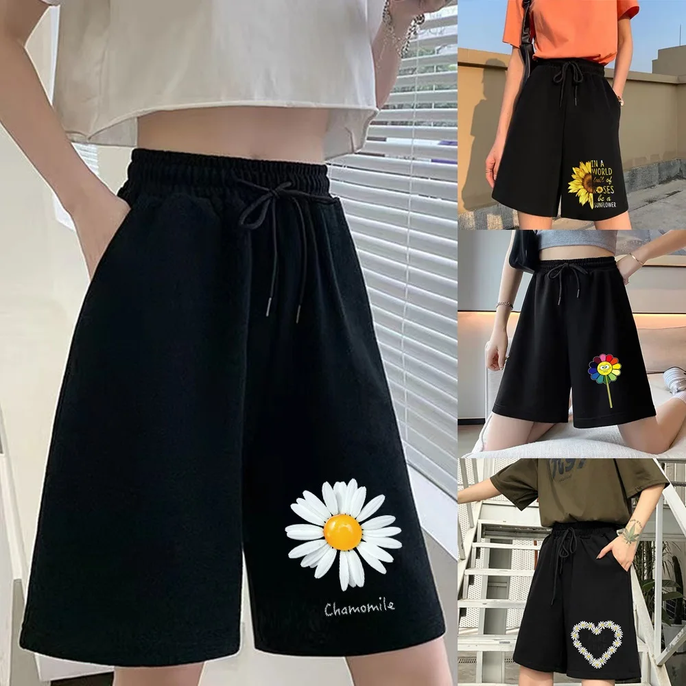 

Women's Loose Cropped Shorts Fashion Casual Sports Loose Black Shorts Daisy Print Student Harajuku Sweet Sweatpants