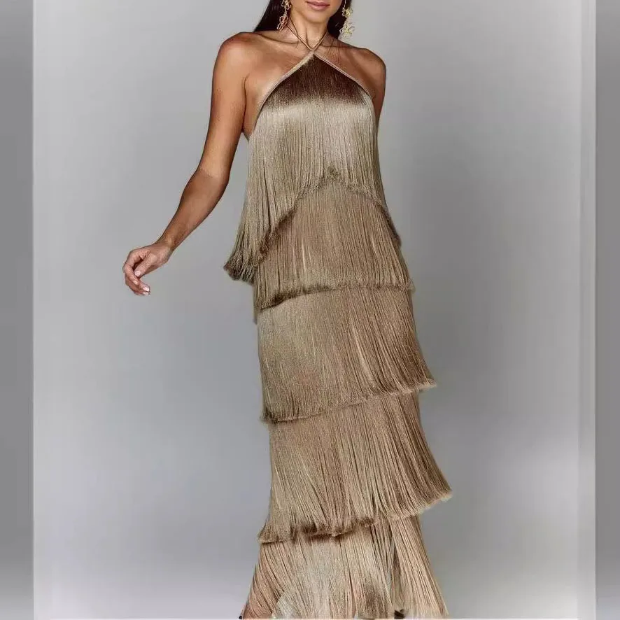 

Fringe Halter Dress - Backless High Slit Boho Party Maxi Dress (Sexy Vacation Beach Outfit)
