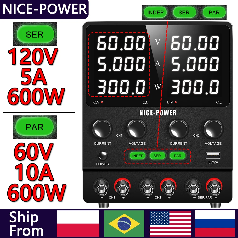 Dual Output DC Power Supply: 60V 5A Adjustable Switching Regulated Series (120V 5A) Parallel (60V 10A) , DIY Lab Power Supply