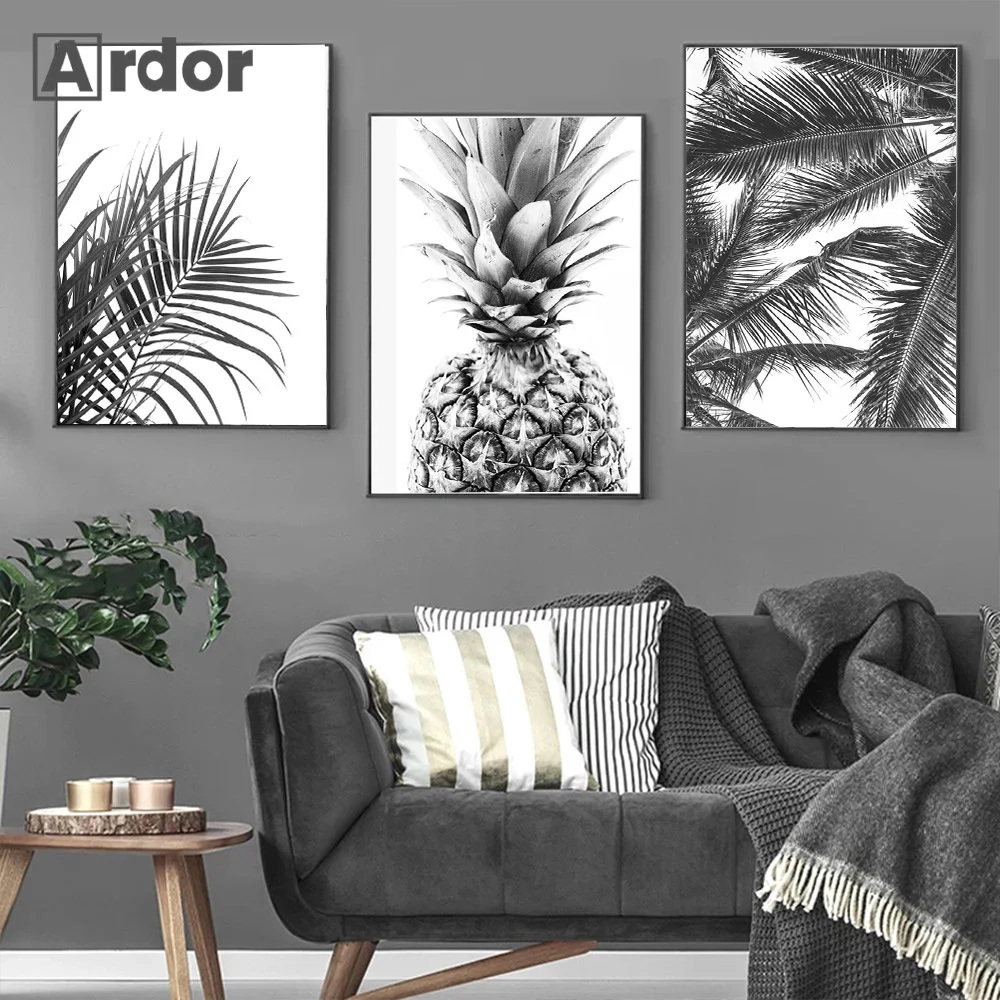 Nordic Minimalism Tropical Canvas Painting Palm Tree Leaf Pineapple Poster Black White Nordic Print Wall Art Pictures Home Decor