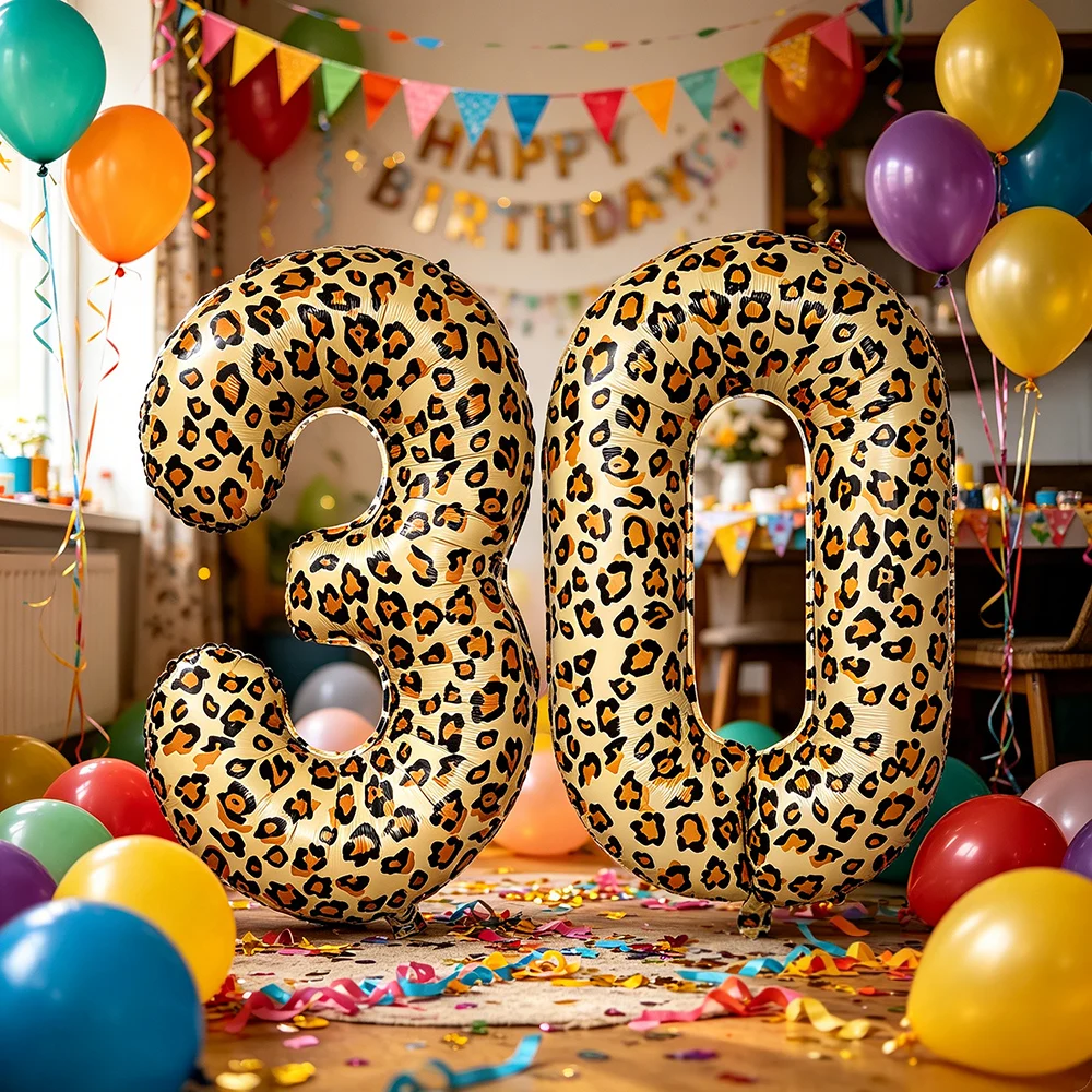 32Inch Leopard Print Number Balloon 0-9 Cheetah Print Foil Balloons for Wild One Safari Birthday Animal Print Party Decorations view 3