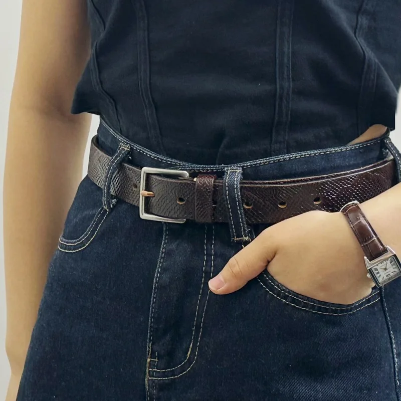 レディーストレンドレトロファッションオールマッチスネーク柄レザーベルトピンバックル牛革一枚革スチールバックルジーンズベルト