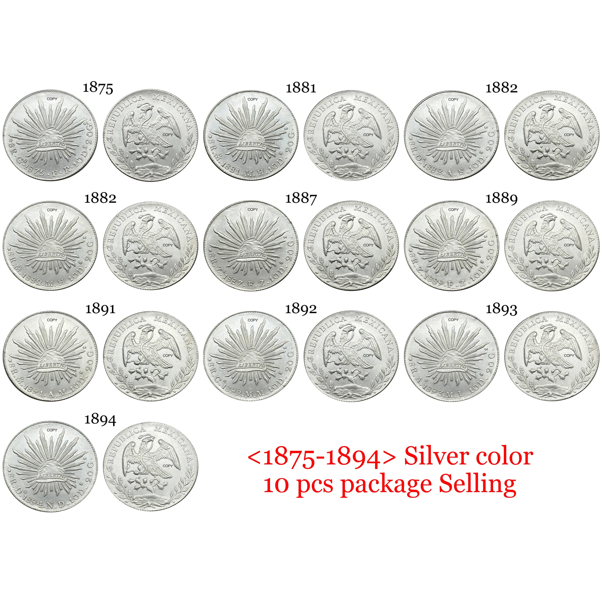 México 1875 - 1894 10 Uds. Venta de 8 reales de la República Mexicana copia chapada en plata moneda conmemorativa Ww2 Moneda monedas coleccionables