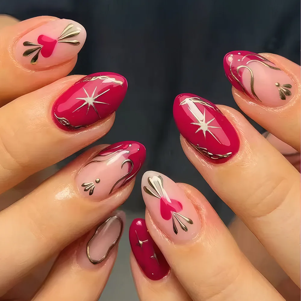 

24Pcs Rose Red French False Nails Gilded Heart Stripe Starburst Fake Nails Press on Short Almond Reusable Full Cover Nails Tips
