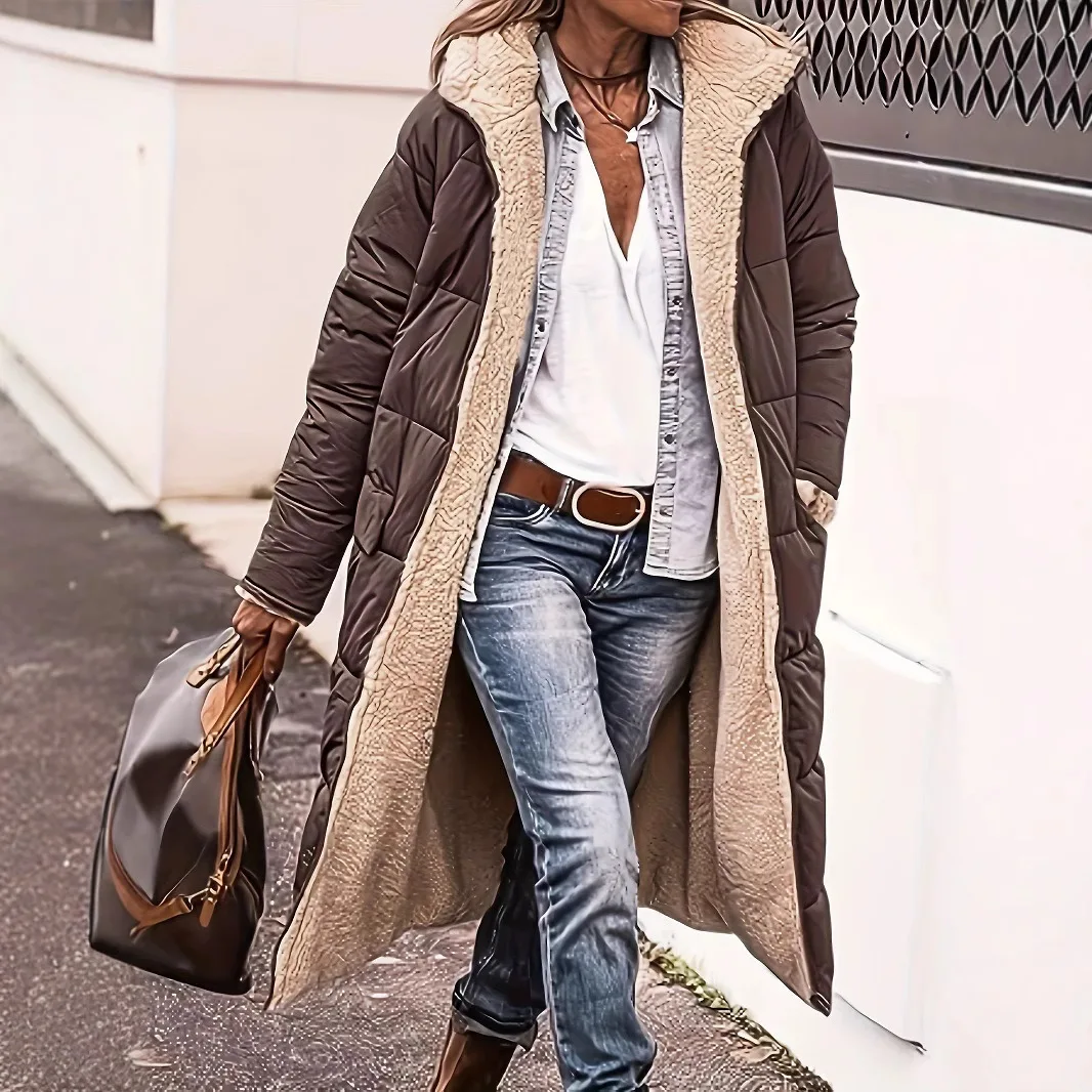 

Women Parkas Hooded Long Coats Solid Full Sleeve Zipper Jackets Pockets Elegant Jacket Office Lady Thick Warm Autumn Winter