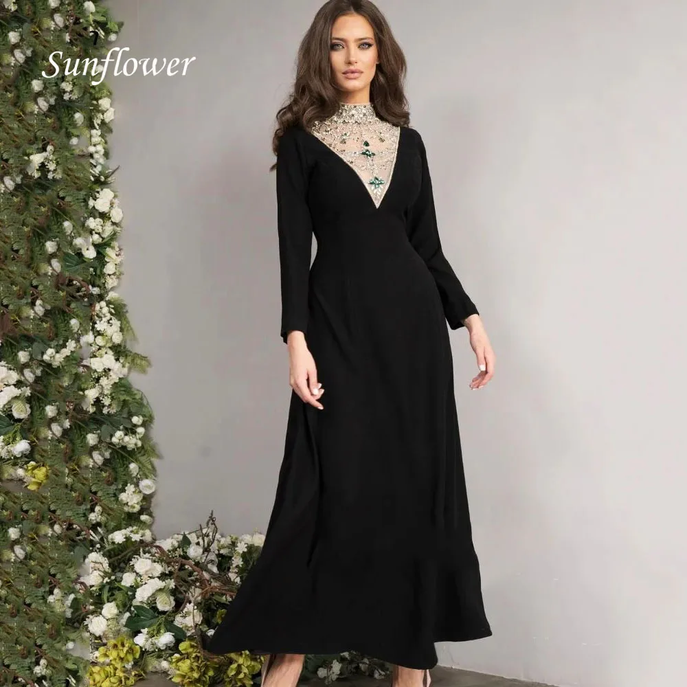 Sunflower Beading High Neck A-LINE فساتين السهرة Elegant Crepe Long Sleeve Party Prom Dress Prom dresses Formal vestidos de fies