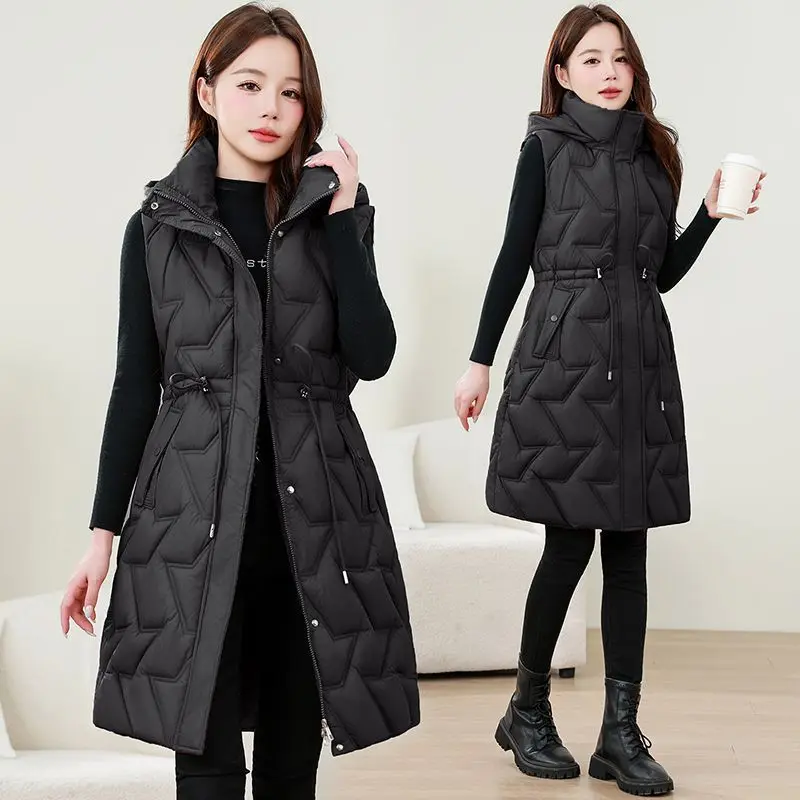 2026 New Temperament Medium Long Down Cotton Vest Autumn Winter Women's Casual All-match Warm Waist Sleeveless Waistcoat Female
