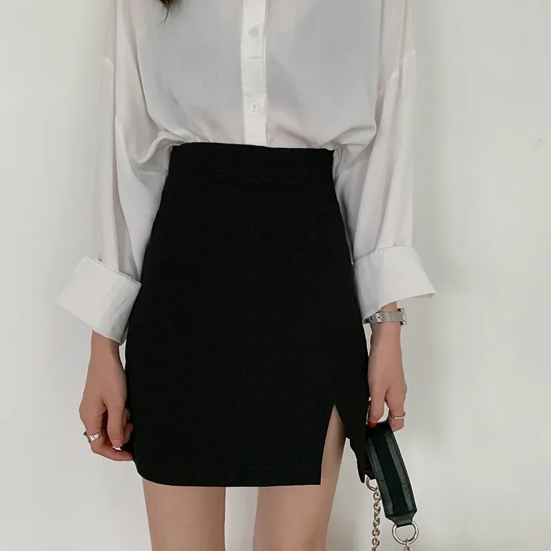 

Women Skirts Casual All-match Black Pure High Waist Split Design Chic Teens Trendy Clothing Summer Daily