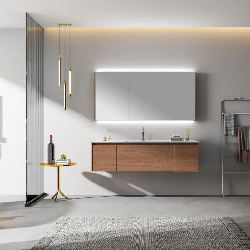 Smart bathroom mirror cabinet multi-layer solid wood hanging cabinet rock slab bath cabinet ceramic integrated basin