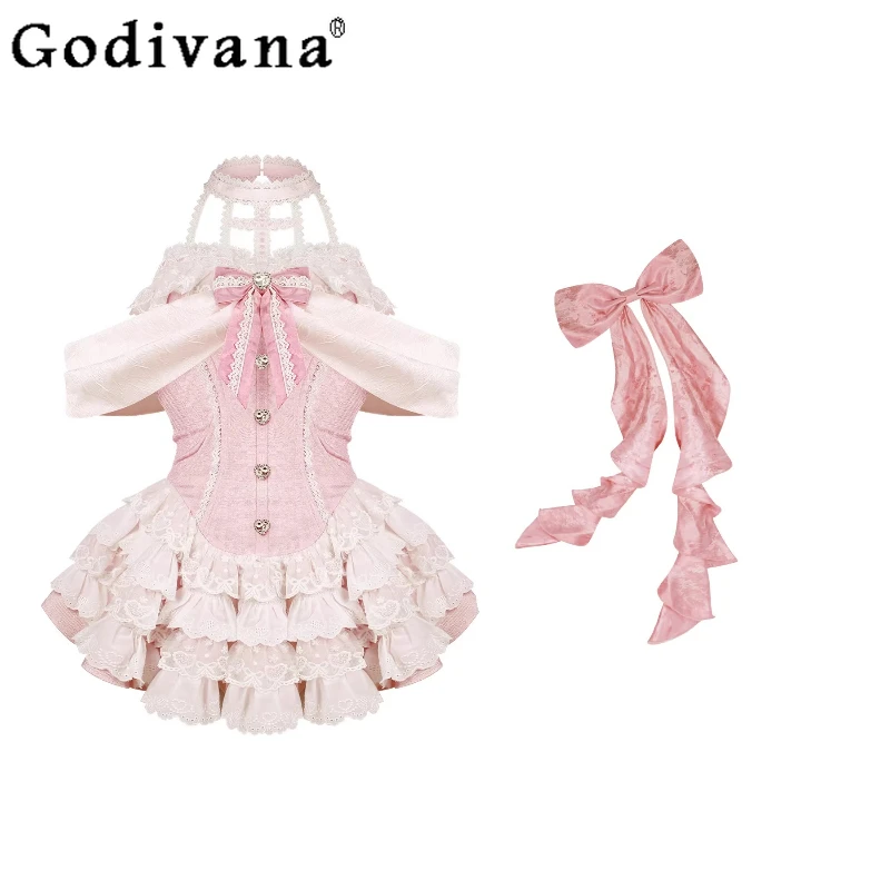 فستان الجاكار الوردي مع القوس المرأة لوليتا نمط الحلو فستان لطيف الإناث القوس طوق فستان قصير الفتيات مجموعة صخب الأبيض