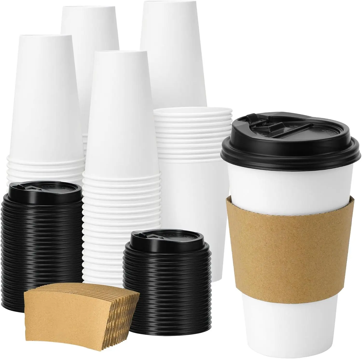 

100 Pack 16 oz Disposable Paper Coffee Cups with Lids and Sleeves, Sturdy Thick Paper Cups with Lids(White)