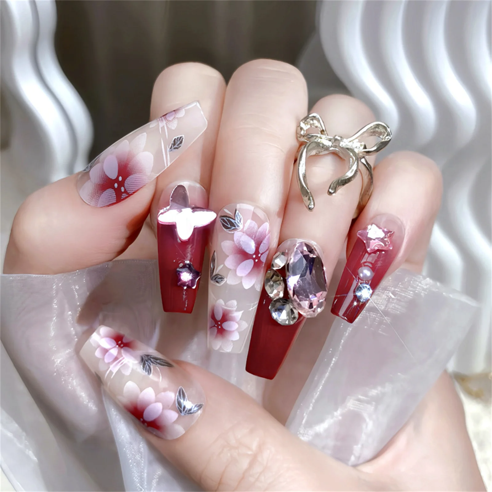 Resin Press On Nails for Wedding Parties Women's Red Retro Flower Glitter Long Fake Nail Tips Manicure Set Durable Chic