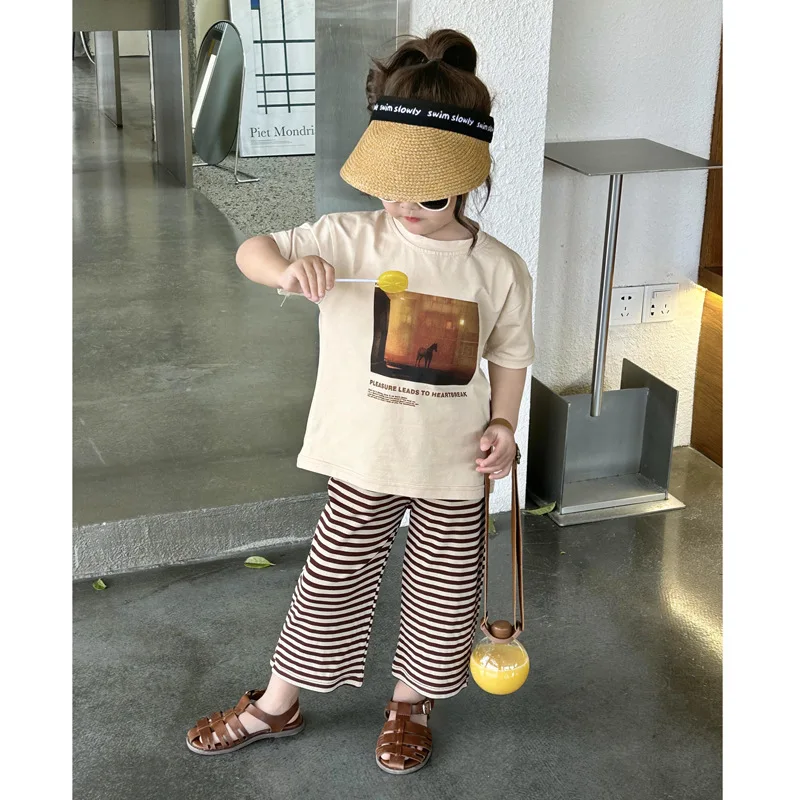 

Children's Short SleeveTT-shirt Summer New Young and Little Girls Baby Digital Printing Top Sunken Stripe Pants Suit