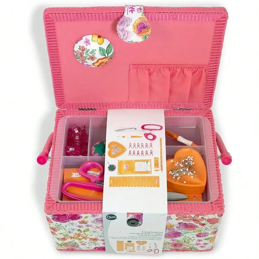 Duży zestaw koszy do szycia, różowo-pomarańczowy, dopasowany kolorystycznie