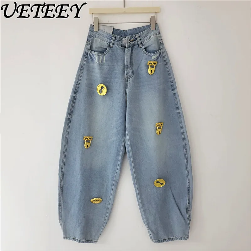 

Metal Buckle Casual Easiest for Match Jeans 2026 New Arrival Niche Style American Retro Blue High Waist Loose Denim Pants Trendy