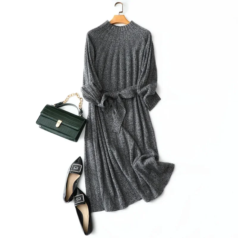 100% cashmere ribbed knit dress long women winter warm fashion casual knitwear pullovers for elegant ladies