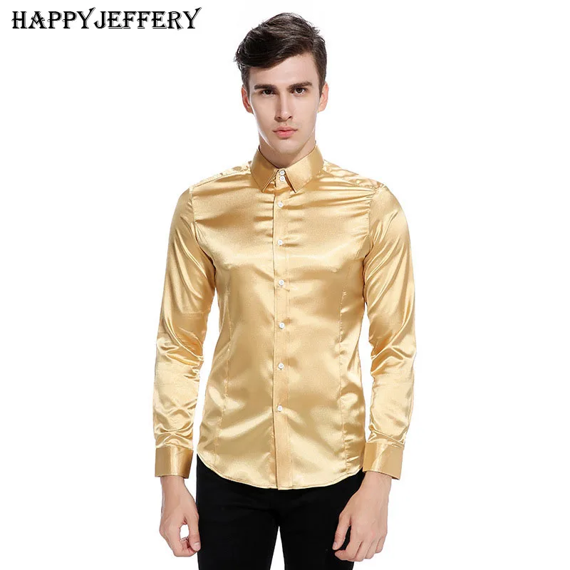 Happyjeffery Men's Luxury Dress Shirts Silk Satin Long Sleeve Tops Men Male Business Casual Man Prom Shiny Wedding Shirt LS10