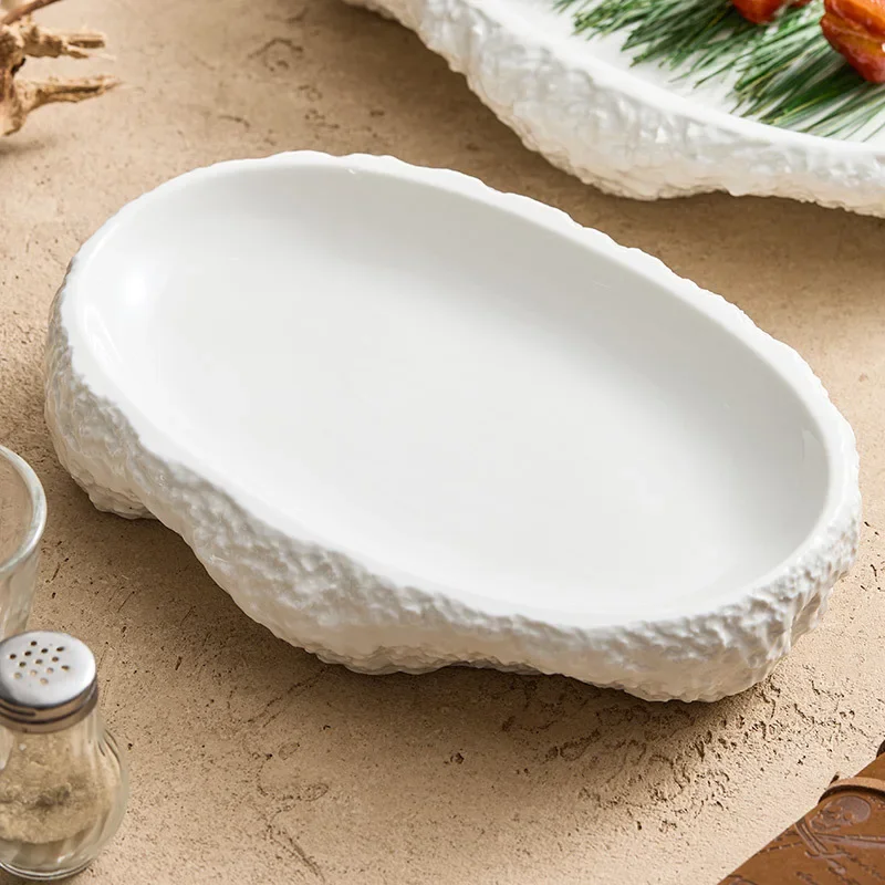 Rock oval plate dish household deep dish white porcelain cold dish  private cuisine club hotel tableware plate.