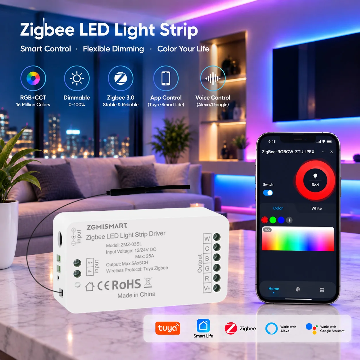 Zemismart Zigbee RGB CCT Led Strip Light Driver with Antenna Smart Controller Works with Tuya Smart Life Alexa Google Home Voice