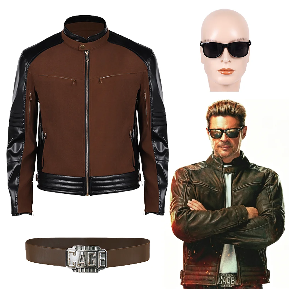 

Johnny Cage Cosplay Game Mortal Kombat Costume Glasses Belt Coat Stand Collar Zip Casual Streetwear Halloween Carnival Disguise