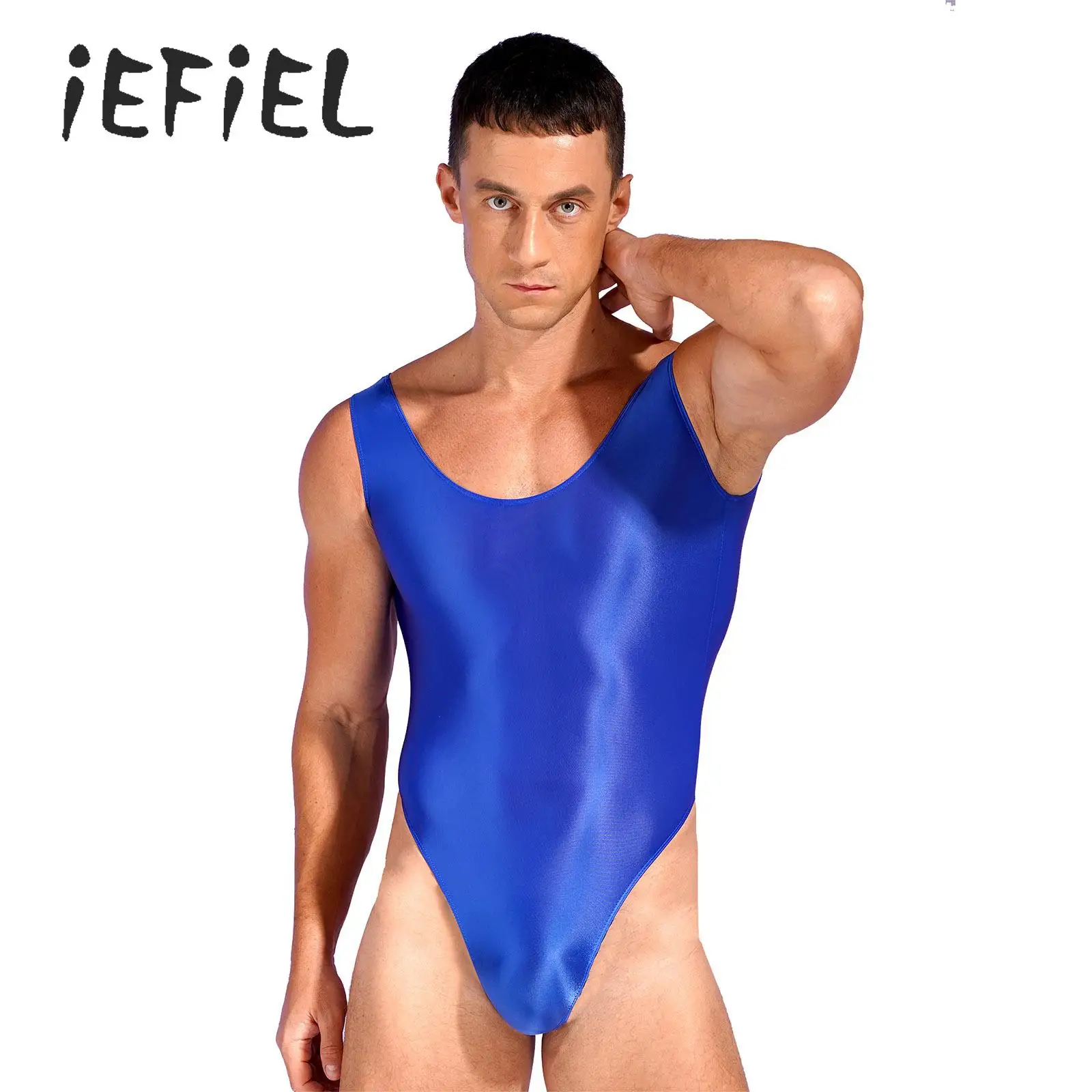 One-Piece Men's Swimsuit Glossy Sleeveless High Cut Leotard Bodysuit Swimwear Solid Color Stretchy Bathing Suits Beachwear